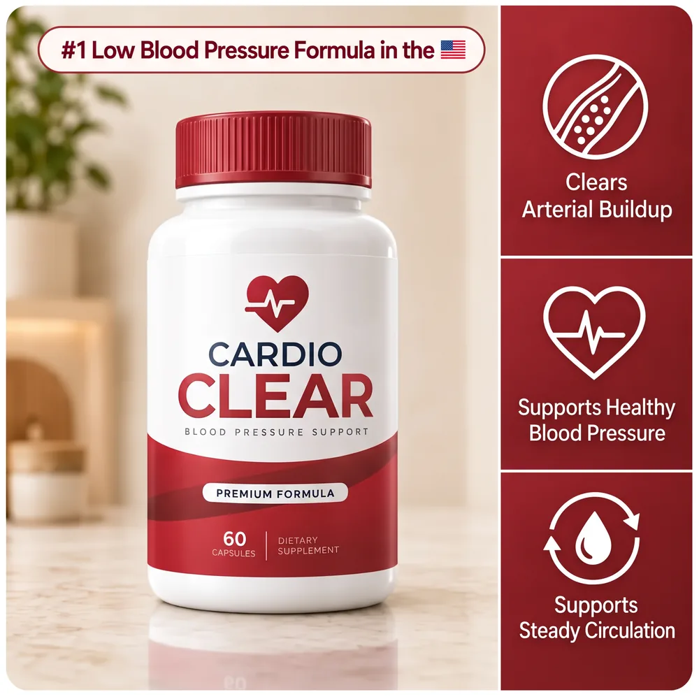 Cardio Clear bottle with three key benefits: clears arterial buildup, supports healthy blood pressure, supports steady circulation