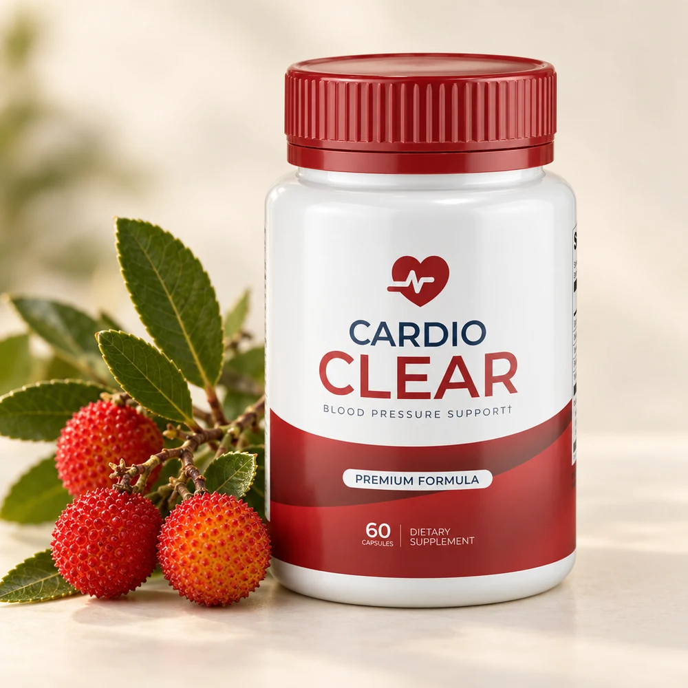Cardio Clear Blood Pressure Support bottle with a fresh corbezzolo branch and red berries