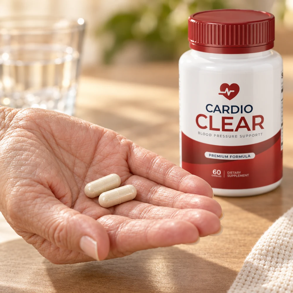 Two Cardio Clear capsules resting in an open hand, with the bottle in the background