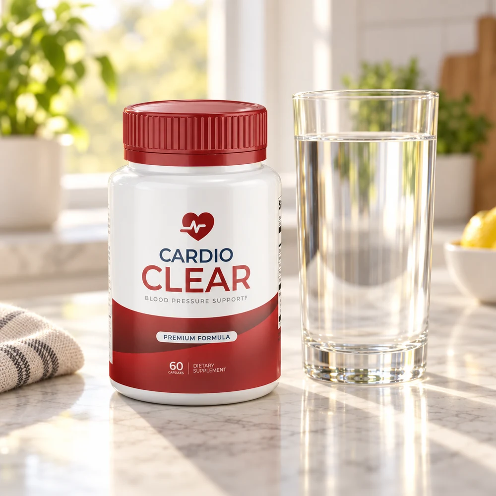 Cardio Clear bottle next to a glass of water on a marble kitchen counter in morning light