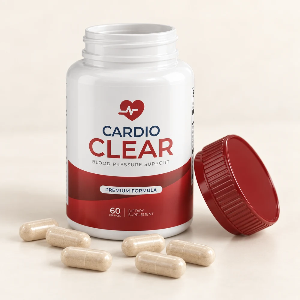 Open Cardio Clear bottle with the cap beside it and capsules spread on the surface