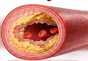 Cross-section of a narrowed, rigid artery clogged with yellow buildup