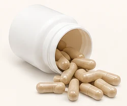 A generic white supplement bottle spilling plain capsules