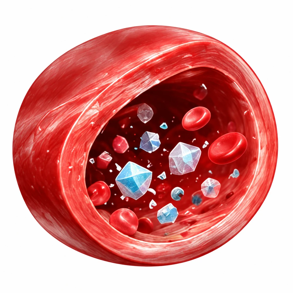 Artery cross-section with microplastic particles arriving in the bloodstream